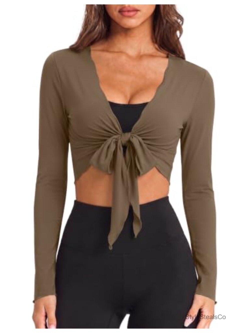 Womens Ballet Wrap Top Self Tie V Neck Cropped Workout Pilates Top